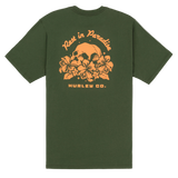 Green t-shirt with orange graphic design on a white background