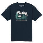 Navy blue t-shirt with graphic design and 'Hurley' branding on a white background