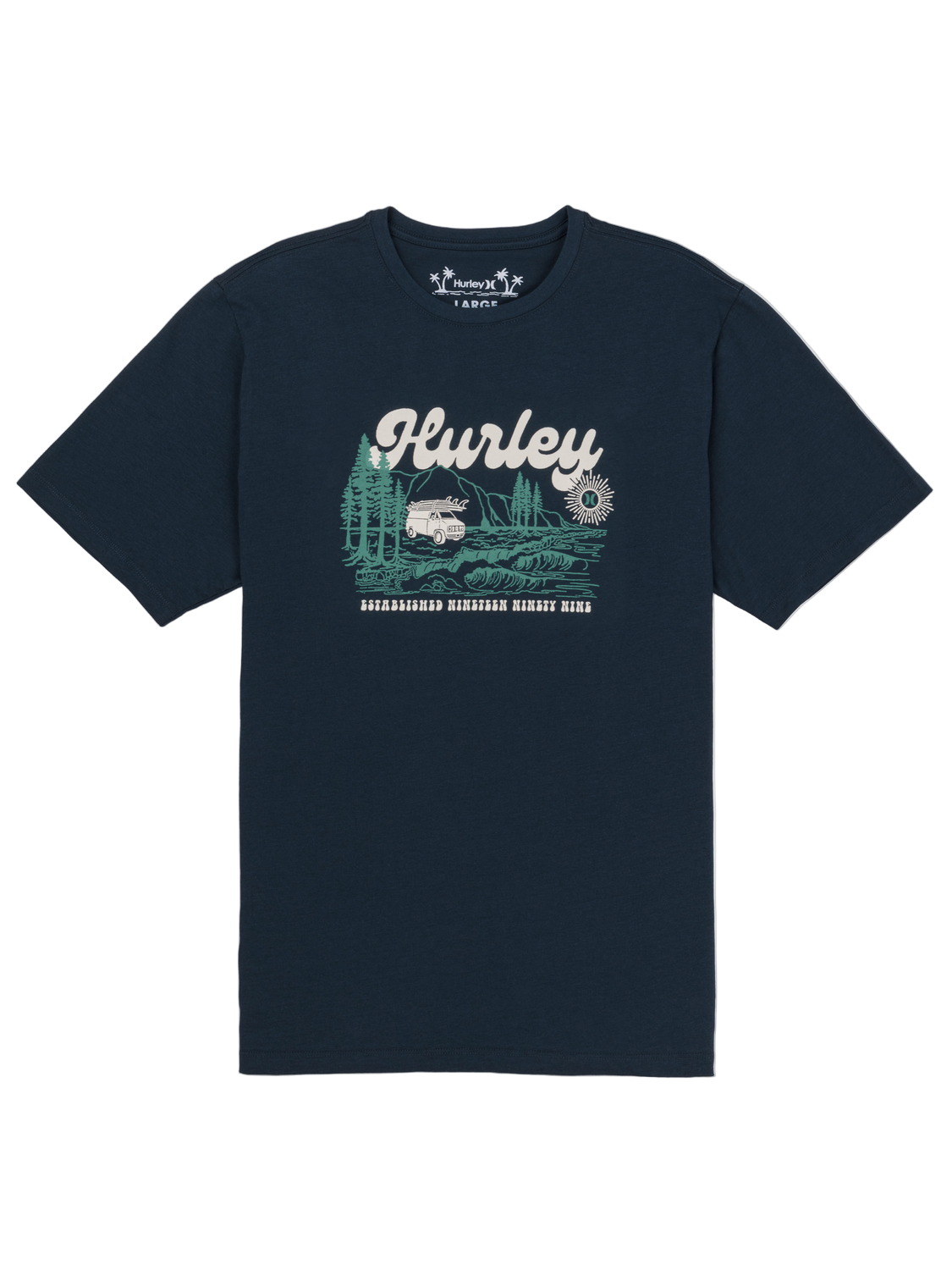 Navy blue t-shirt with graphic design and 'Hurley' branding on a white background