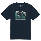 Navy blue t-shirt with graphic design and 'Hurley' branding on a white background
