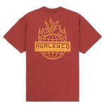 Red t-shirt with yellow Hurley logo on a white background