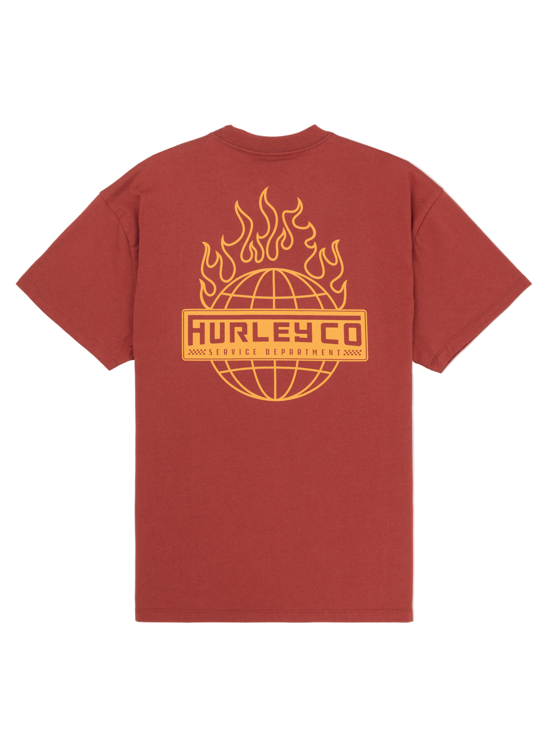 Red t-shirt with yellow Hurley logo on a white background