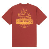 Red t-shirt with yellow Hurley logo on a white background