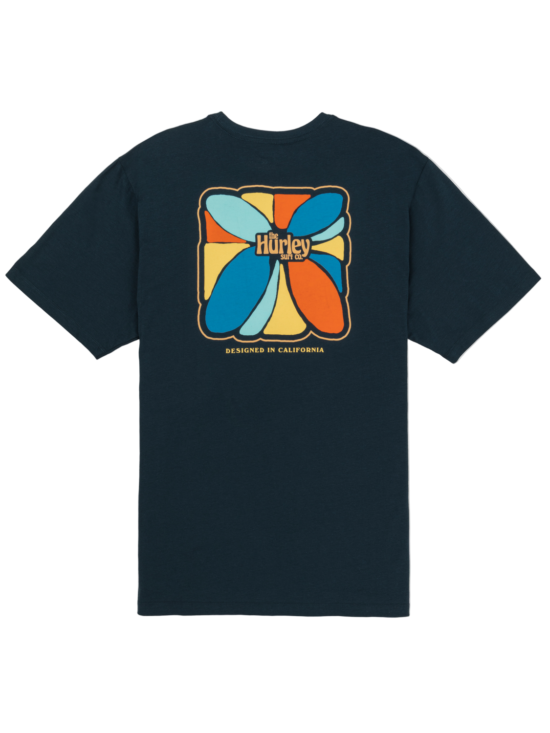 Black t-shirt with colorful graphic and 'Hurley' logo on a white background