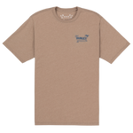 Brown t-shirt with a logo on the chest against a white background