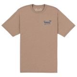 Brown t-shirt with a logo on the chest against a white background