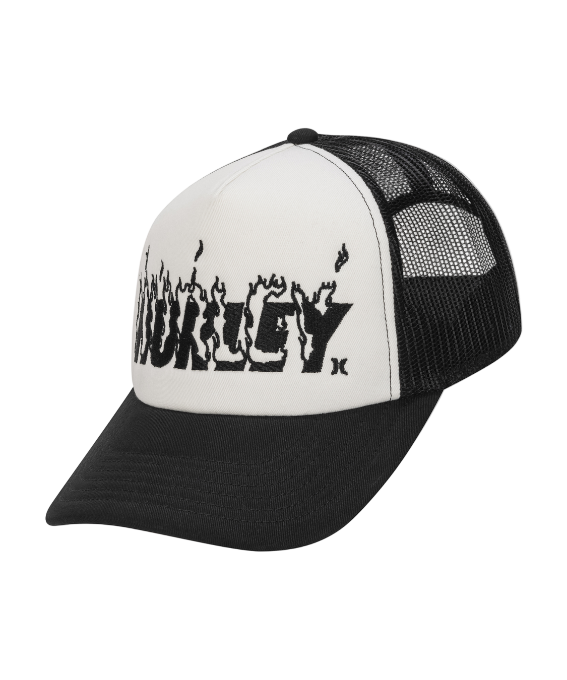 Black and white cap with a brand logo on a white background