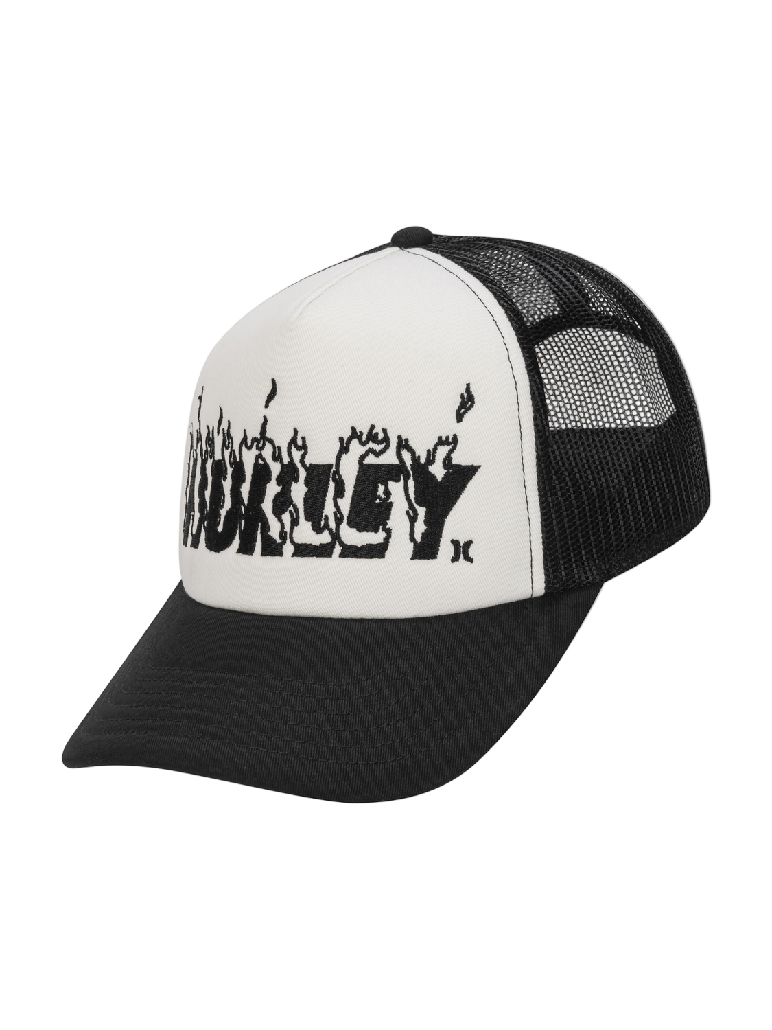 Black and white cap with a brand logo on a white background
