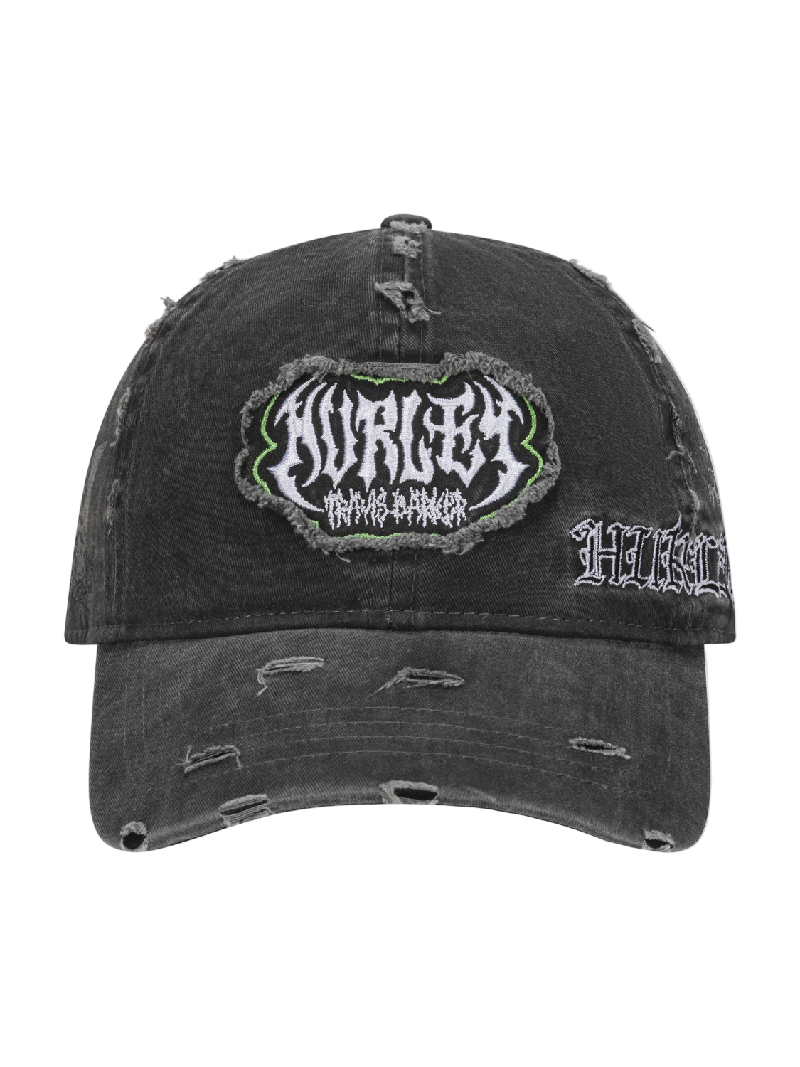 Black distressed cap with embroidered text on a white background