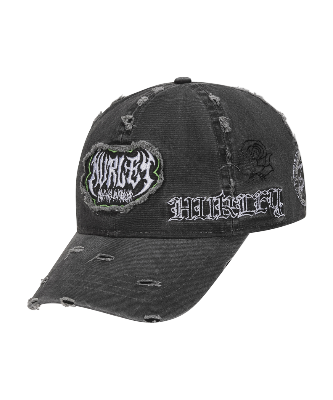 Black distressed cap with 'Harley' branding on a white background