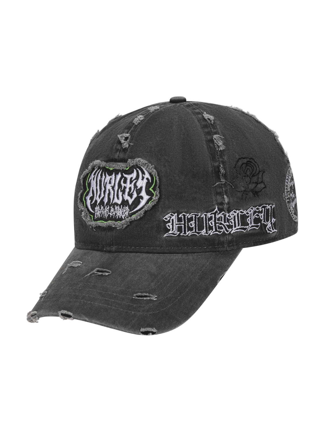 Black distressed cap with 'Harley' branding on a white background
