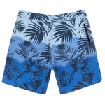 Blue swim shorts with black palm leaf pattern on a white background