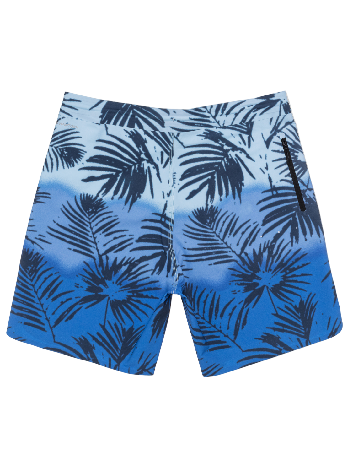 Blue swim shorts with black palm leaf pattern on a white background