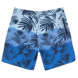 Blue swim shorts with black palm leaf pattern on a white background