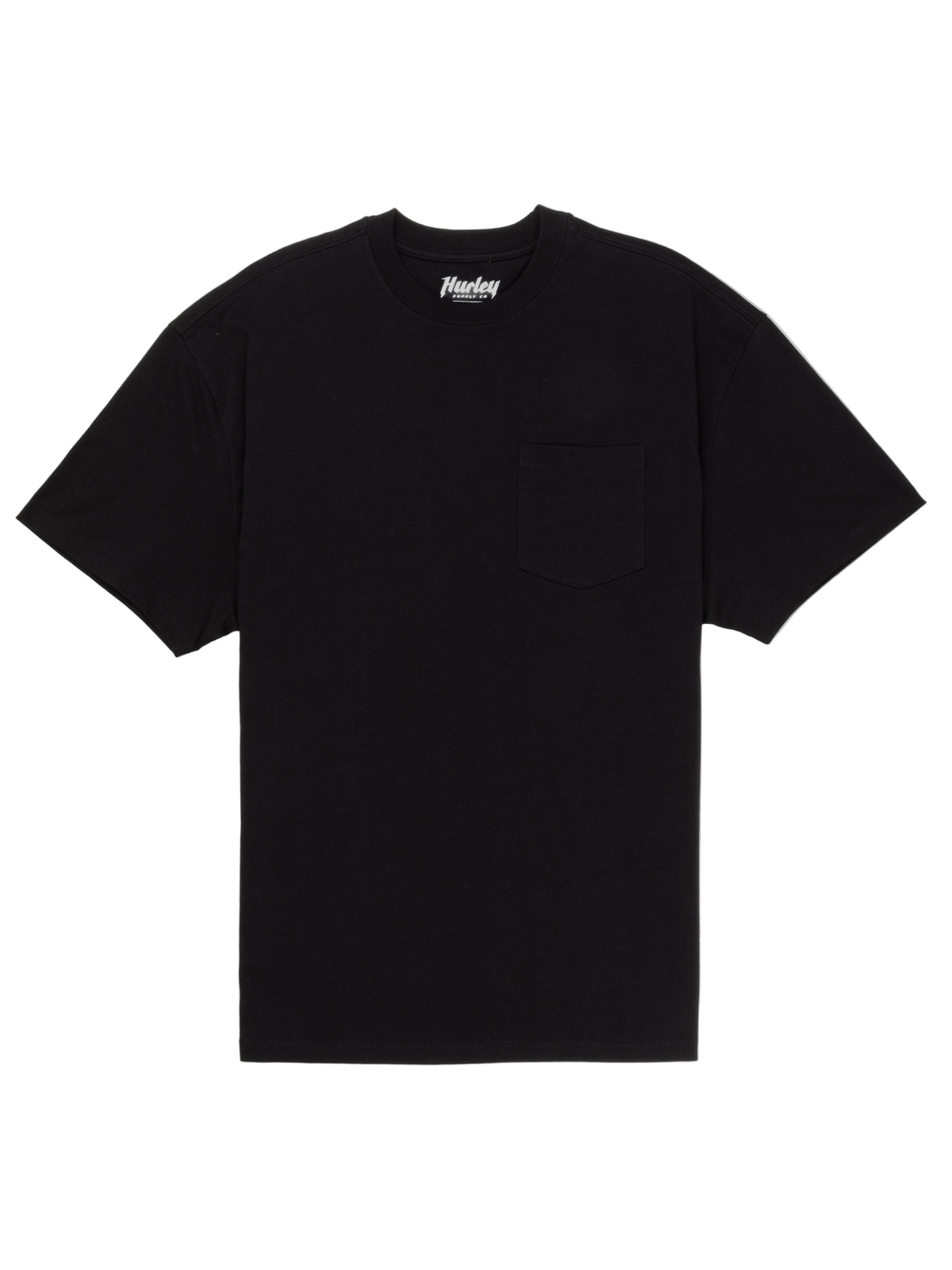 Black t-shirt with a brand logo on a white background