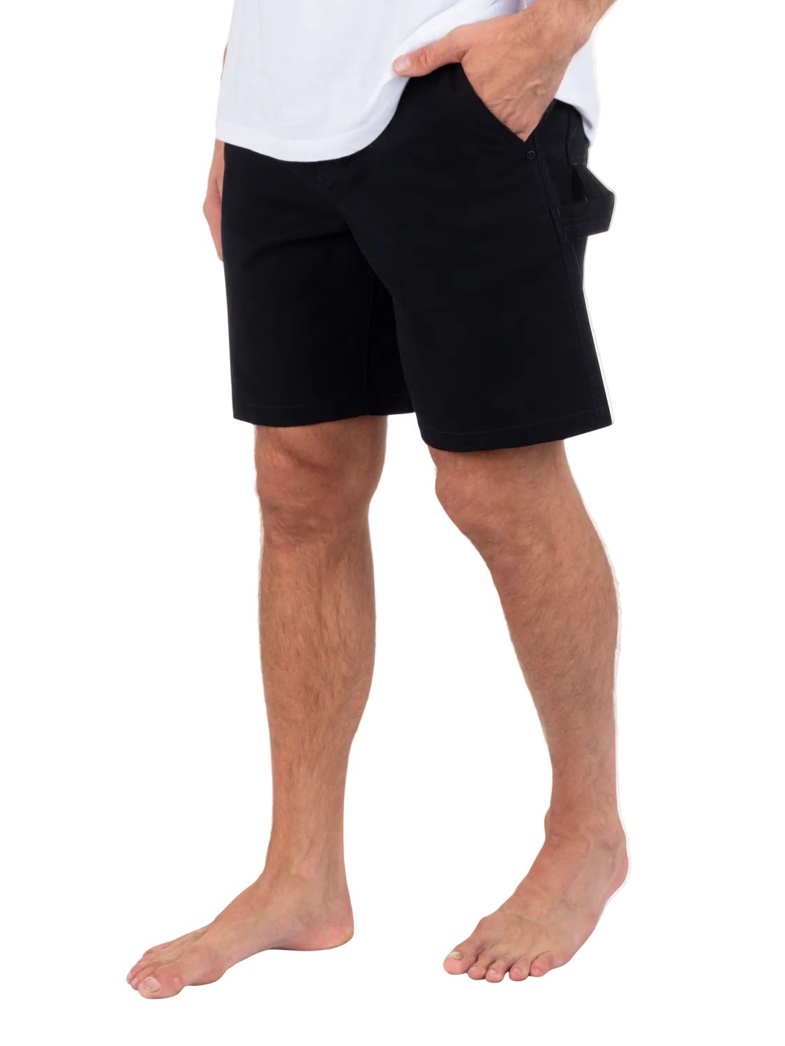 Person wearing black shorts on a white background