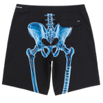 Black shorts with blue skeleton design on a white background