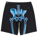 Black shorts with blue skeleton design on a white background