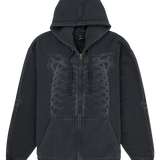 Black hoodie with intricate design on a white background