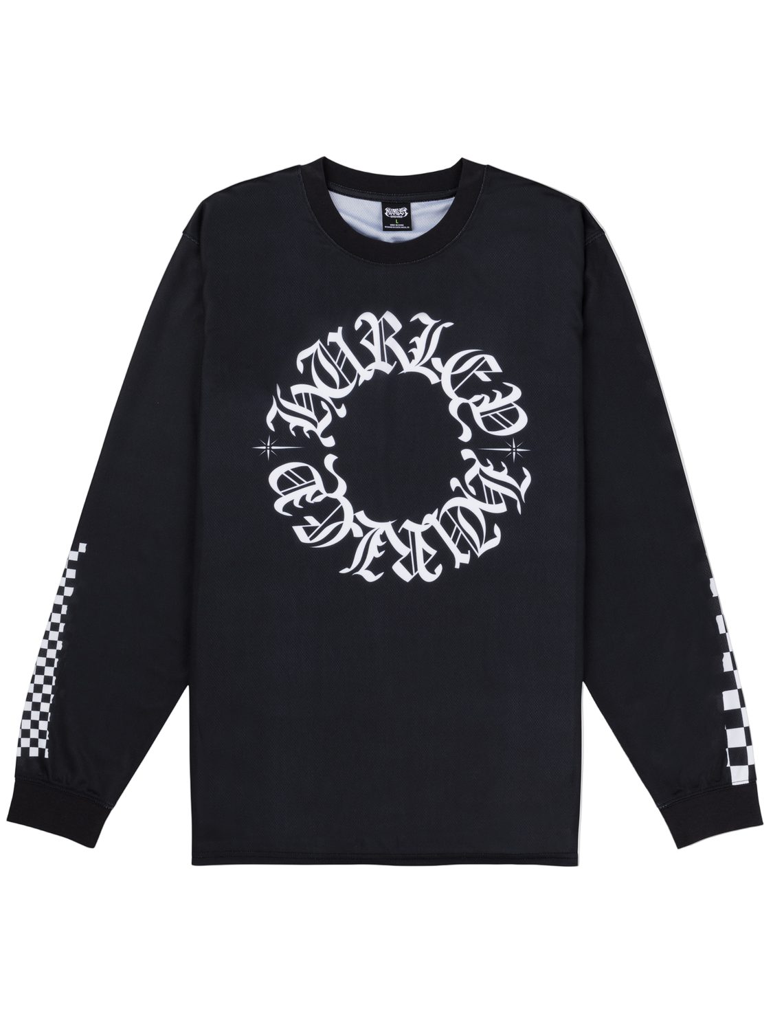 A long sleeve black Hurley x Travis Barker Check Out Jersey with white text and checkered patterns on the sleeves.