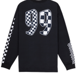 Black long-sleeve shirt with checkered '99' design on a white background