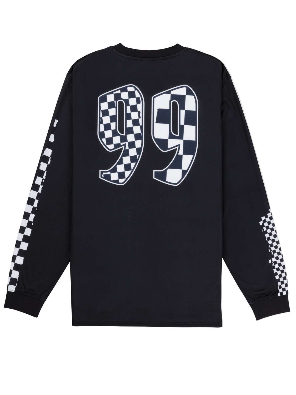 Black long-sleeve shirt with checkered '99' design on a white background