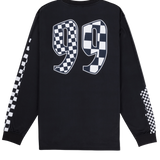 Black long-sleeve shirt with checkered '99' design on a white background