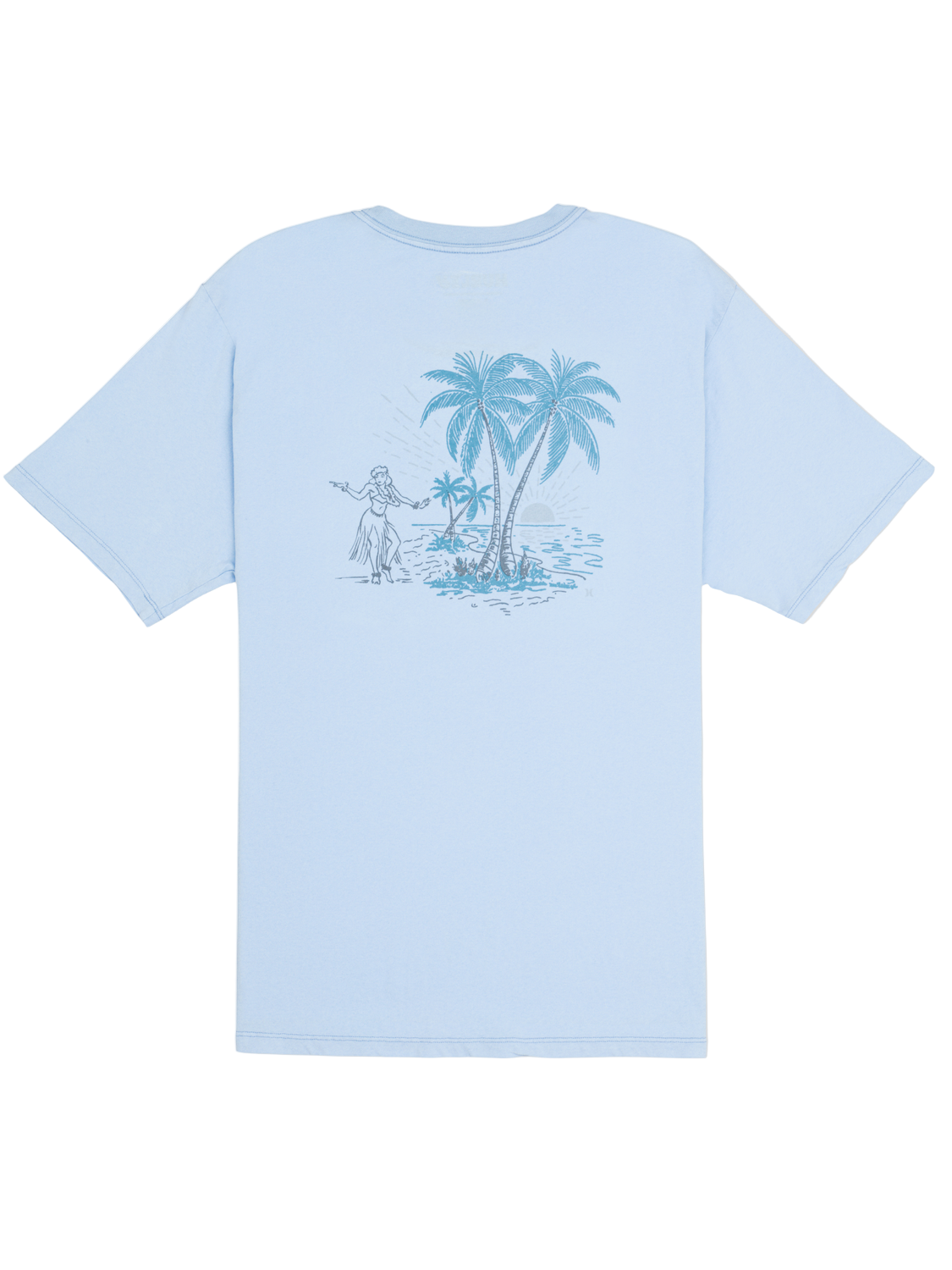 Light blue t-shirt with a palm tree and person graphic on the back against a white background
