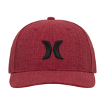 Red cap with a black logo on a white background