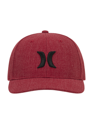 Red cap with a black logo on a white background