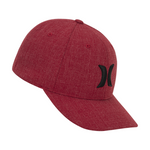 Red cap with a black logo on a white background