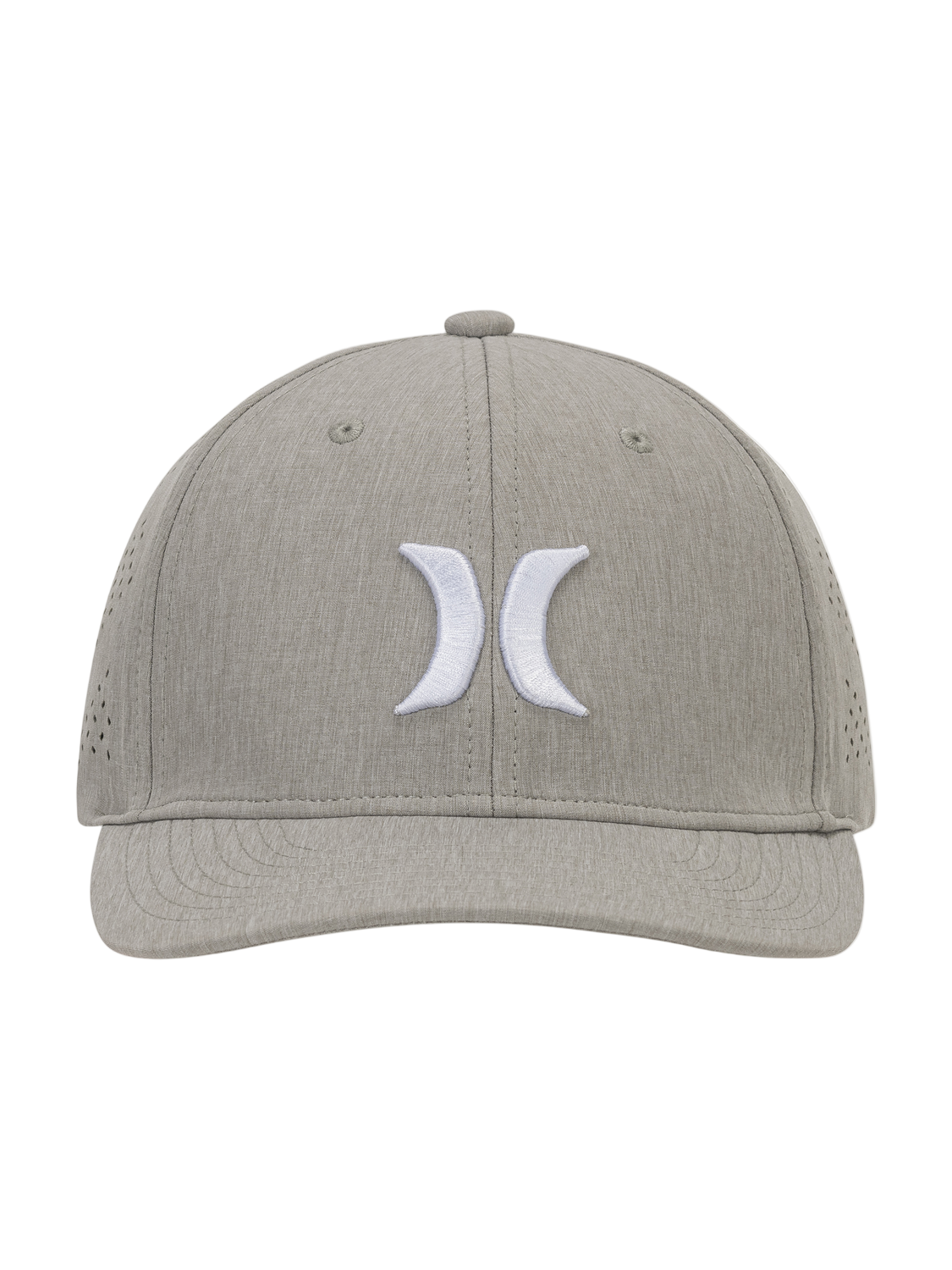 Gray cap with a white logo on a white background