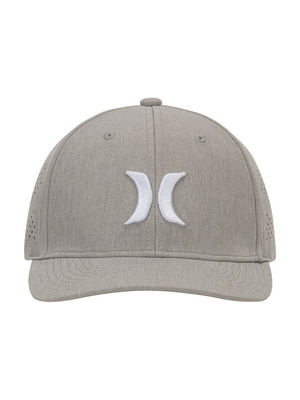 Gray cap with a white logo on a white background