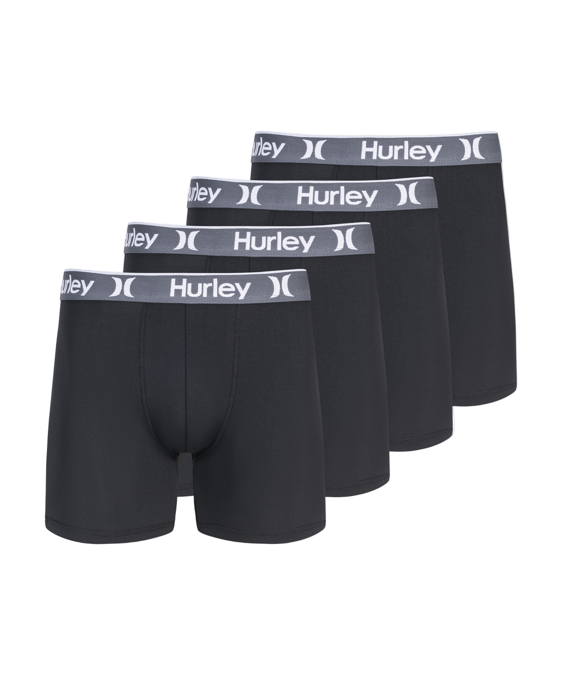 Five black Hurley boxer briefs with gray waistbands on a white background