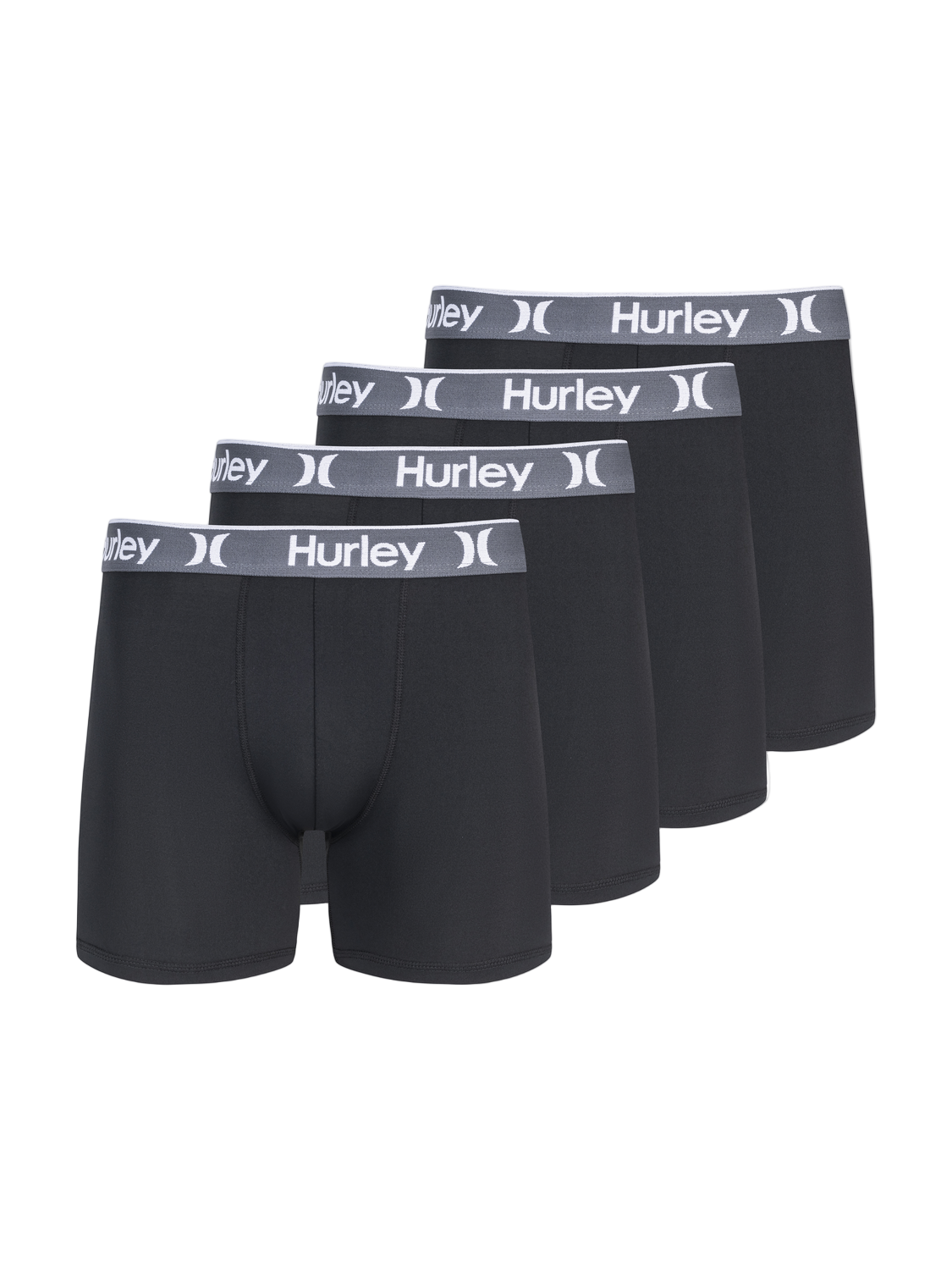Five black Hurley boxer briefs with gray waistbands on a white background