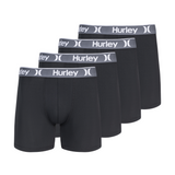 Five black Hurley boxer briefs with gray waistbands on a white background
