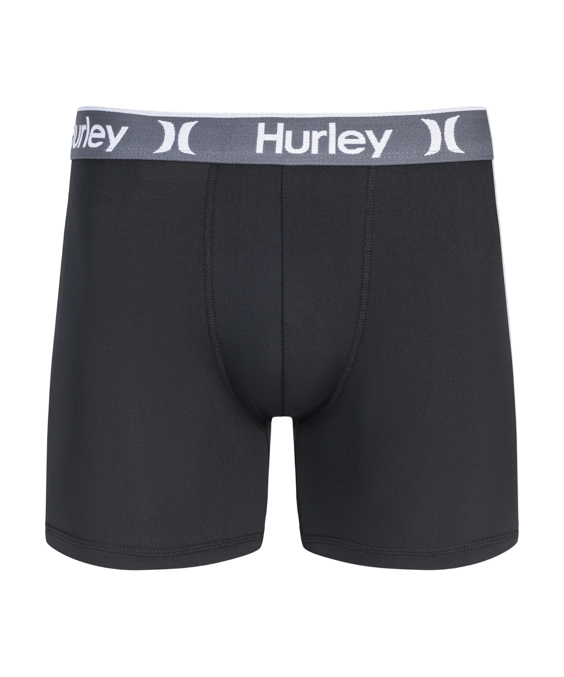 Black boxer briefs with a gray waistband featuring the Hurley logo on a white background.