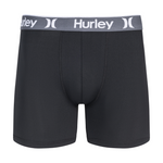 Black boxer briefs with a gray waistband featuring the Hurley logo on a white background.