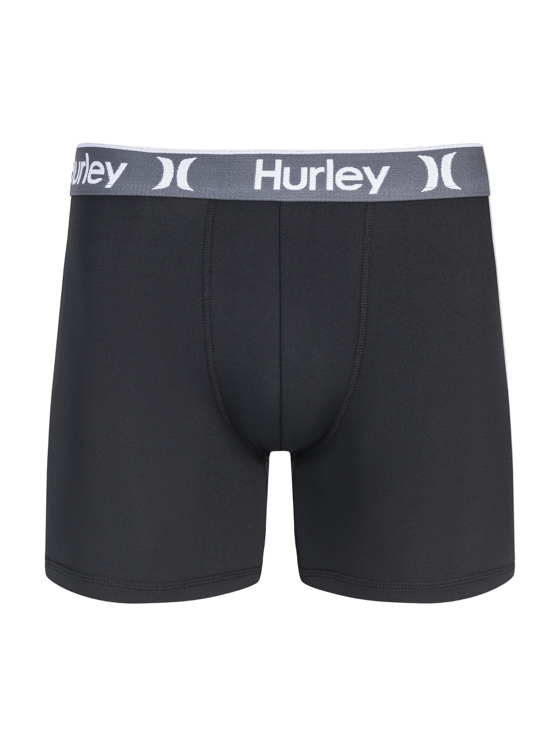 Black boxer briefs with a gray waistband featuring the Hurley logo on a white background.