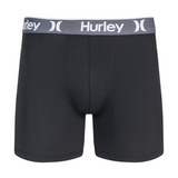 Black boxer briefs with a gray waistband featuring the Hurley logo on a white background.