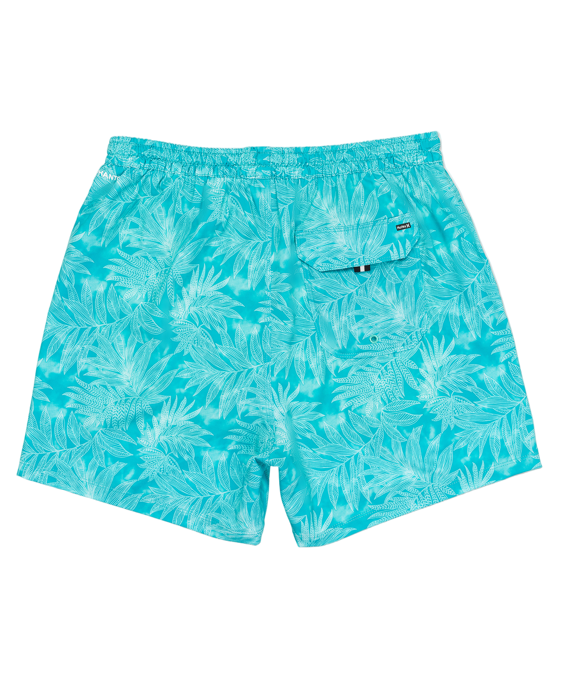 Turquoise swim shorts with leaf pattern on a white background