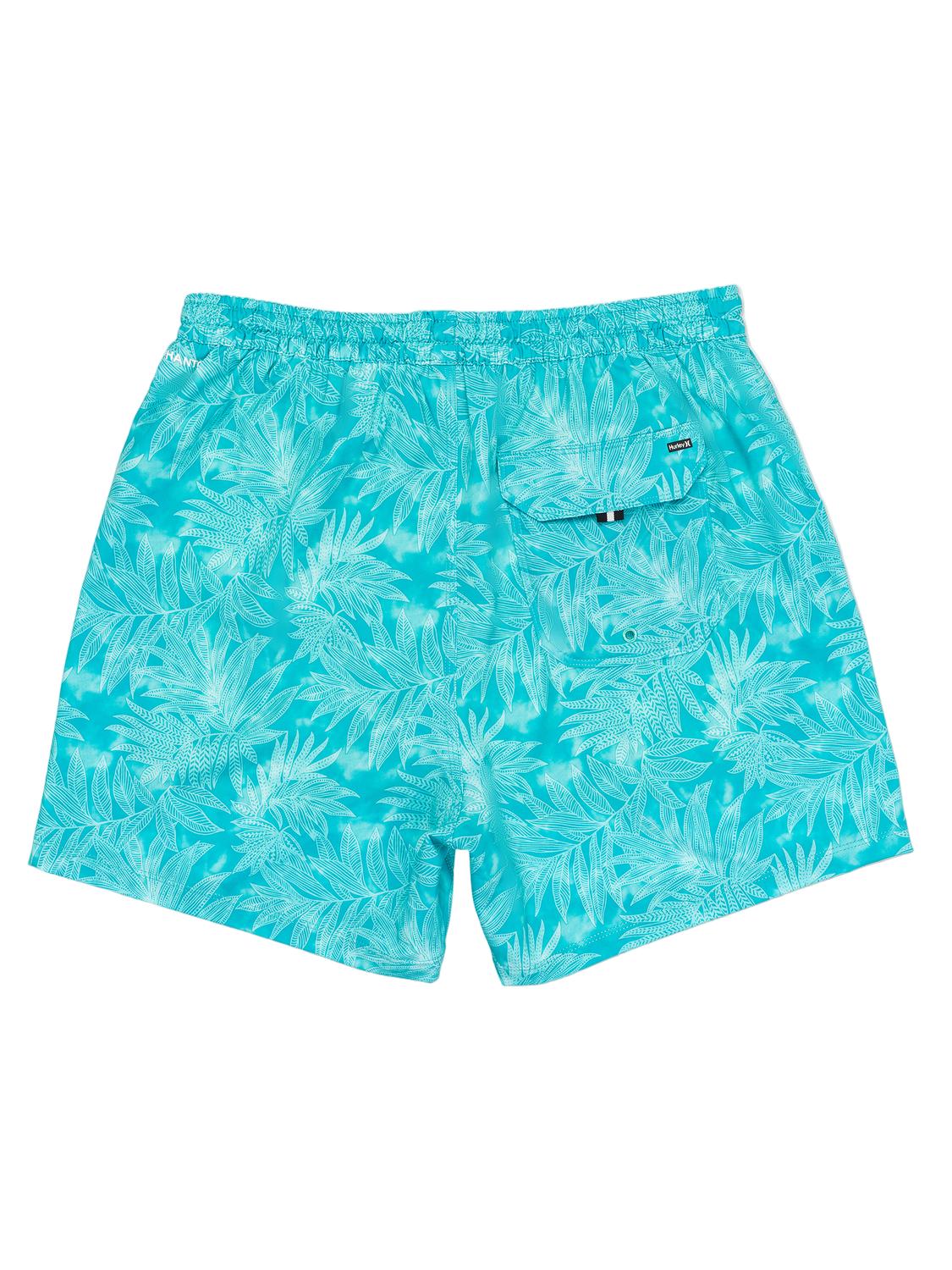 Turquoise swim shorts with leaf pattern on a white background