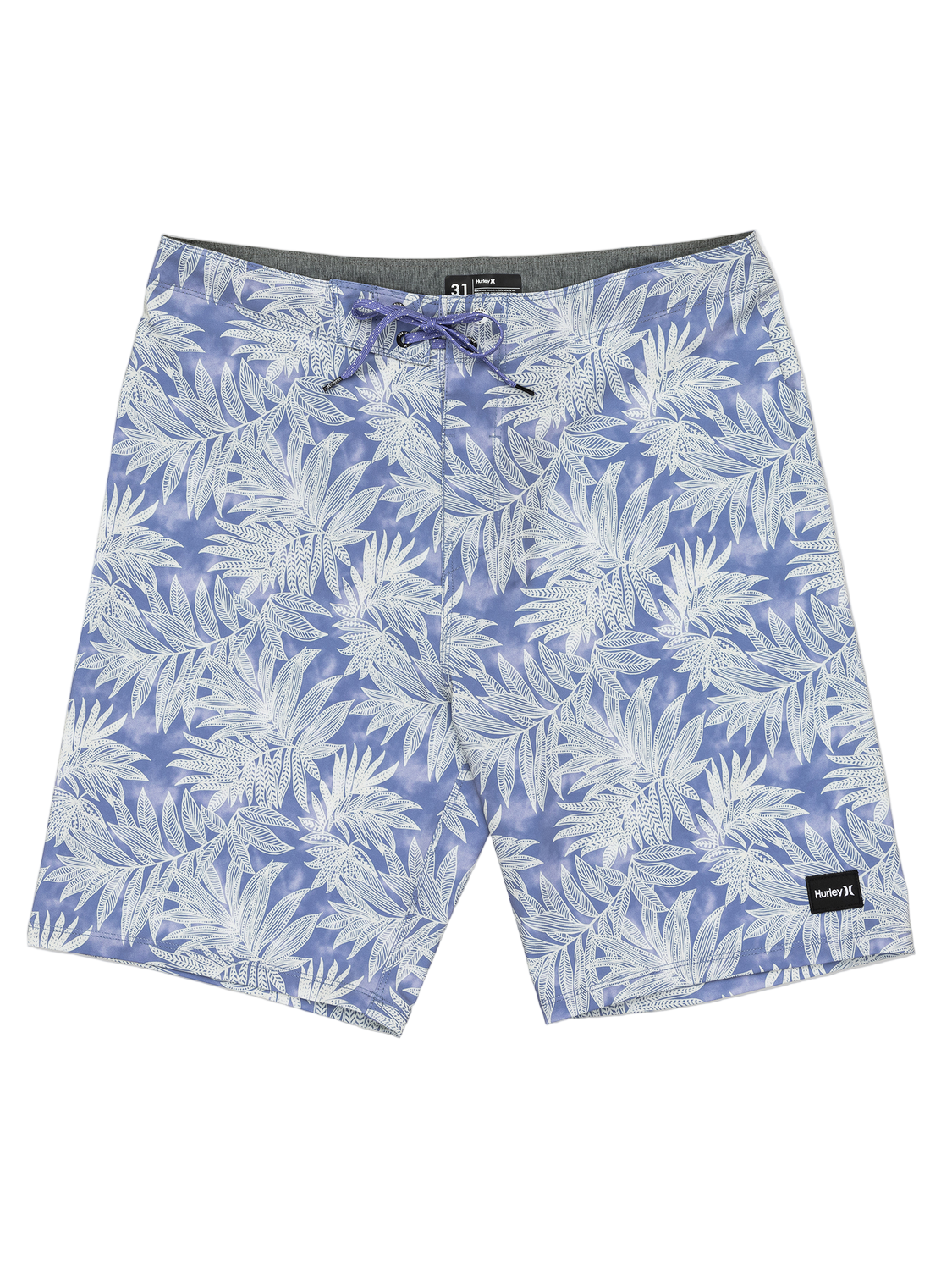 Blue shorts with white leaf pattern on a white background