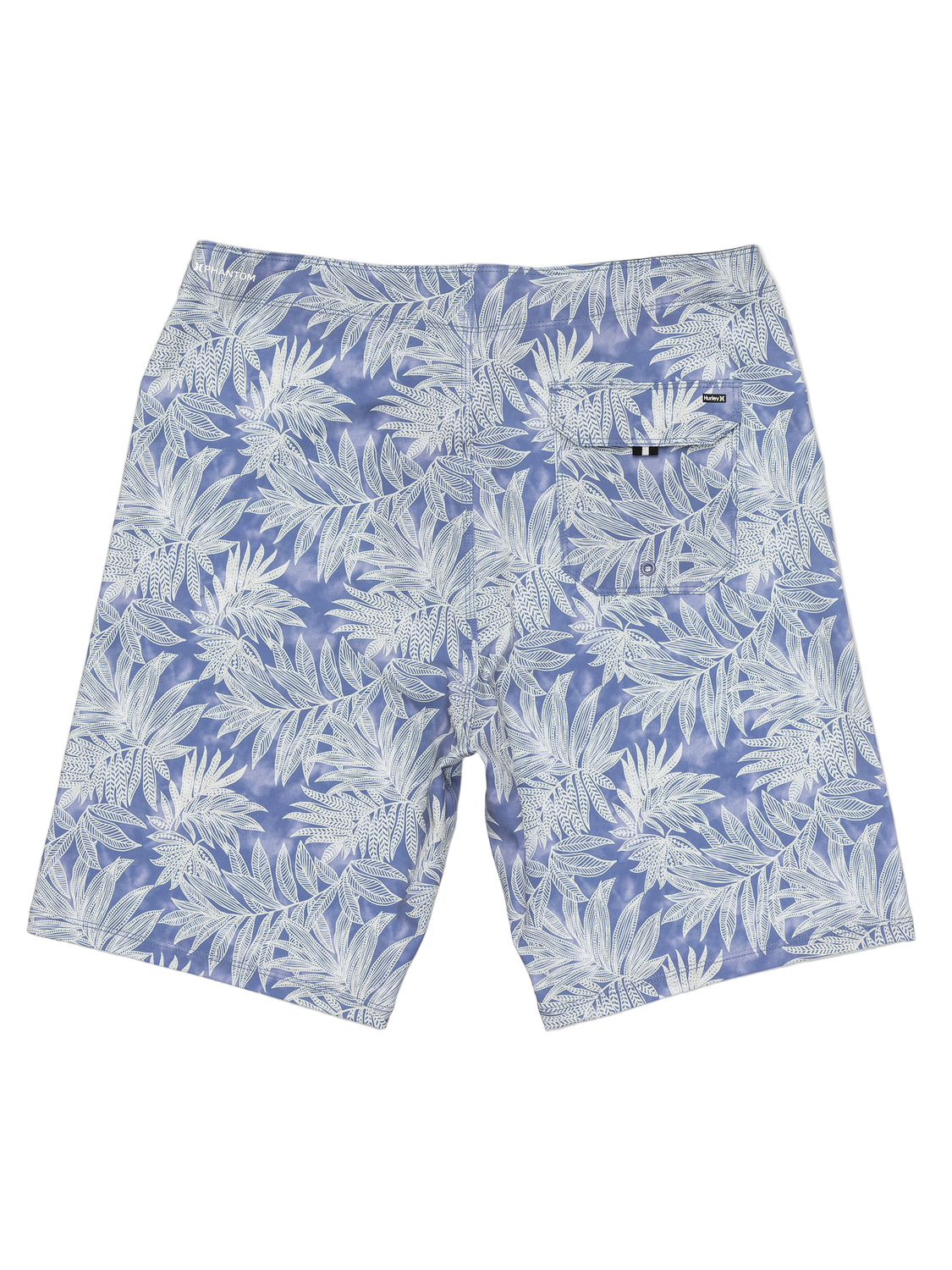 Blue shorts with white leaf pattern on a white background