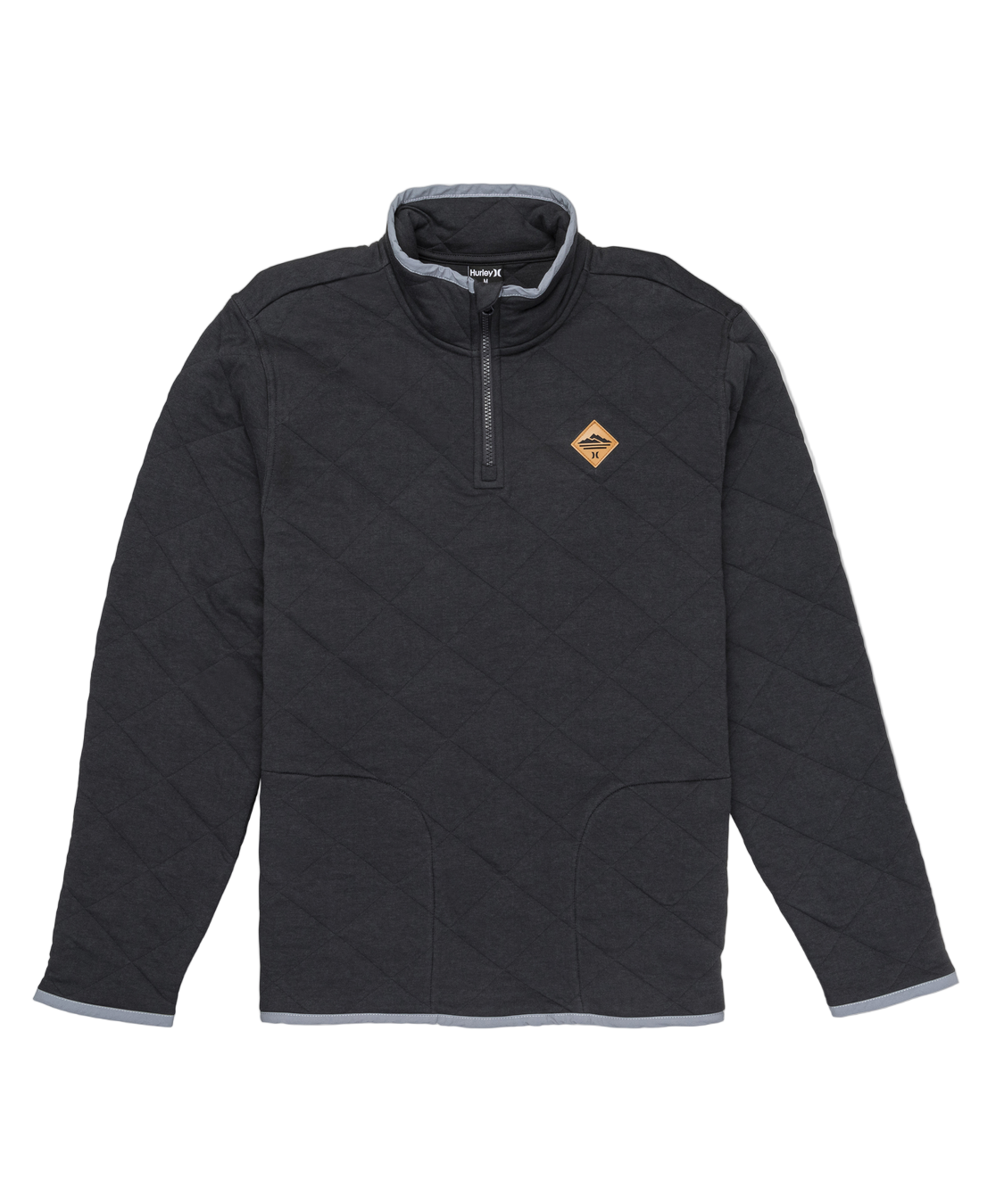 Black quilted pullover with a logo on a white background