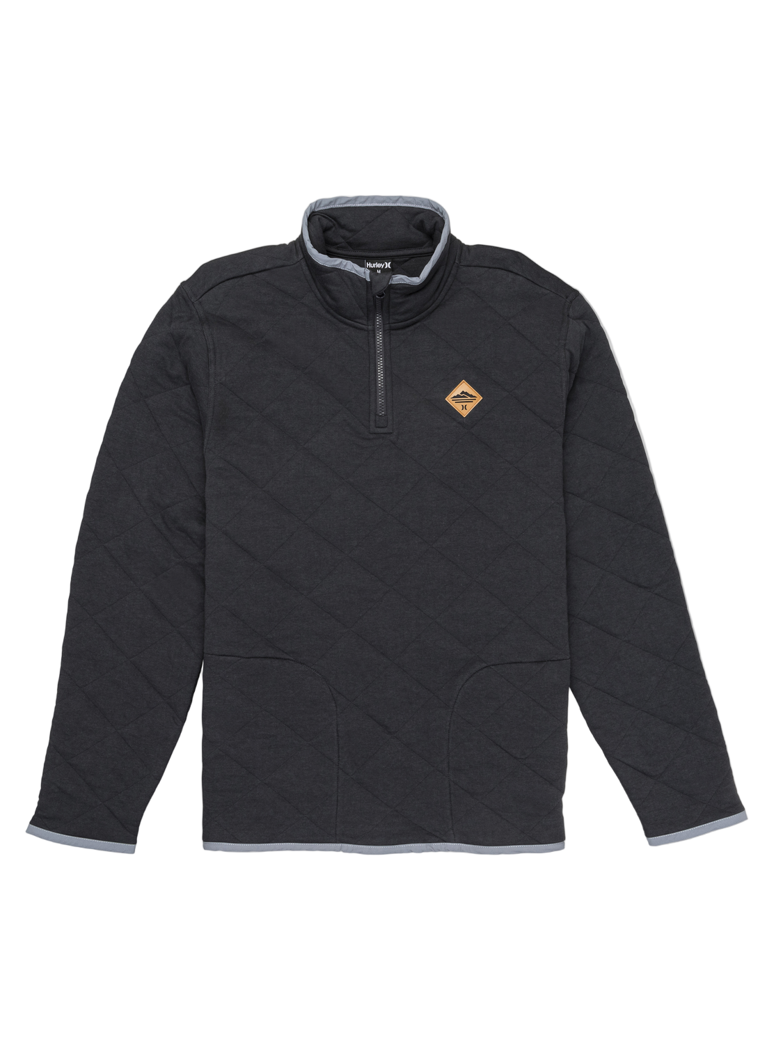 Black quilted pullover with a logo on a white background
