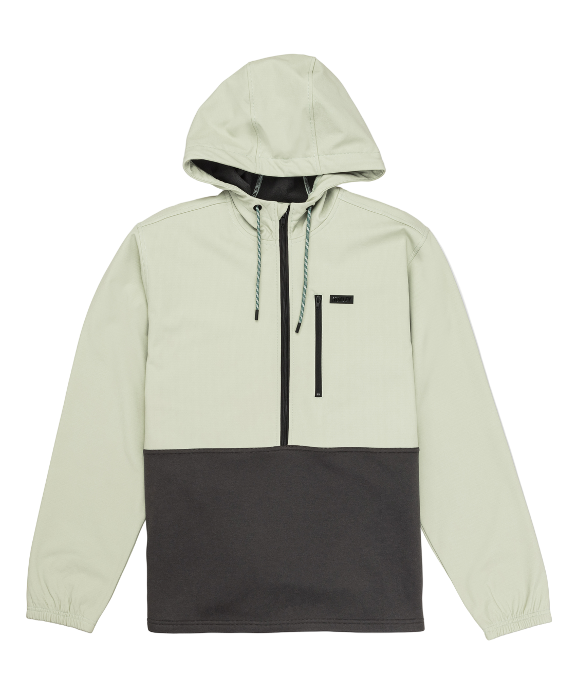 Light green and black hooded jacket on a white background