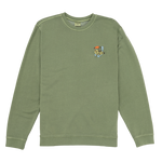 Green sweatshirt with a colorful graphic on the chest against a white background