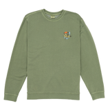 Green sweatshirt with a colorful graphic on the chest against a white background