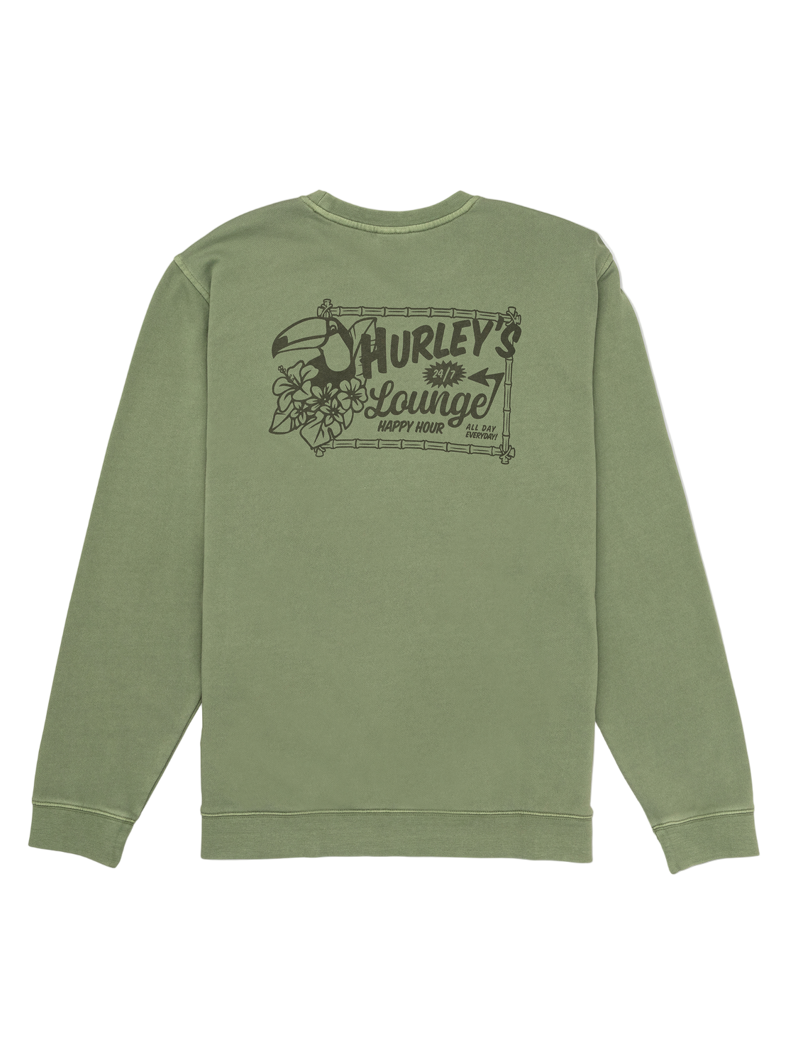 Green sweatshirt with a graphic design on the back against a white background